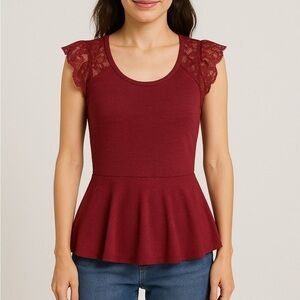 Burgundy Lace Sleeve Peplum Top, Small